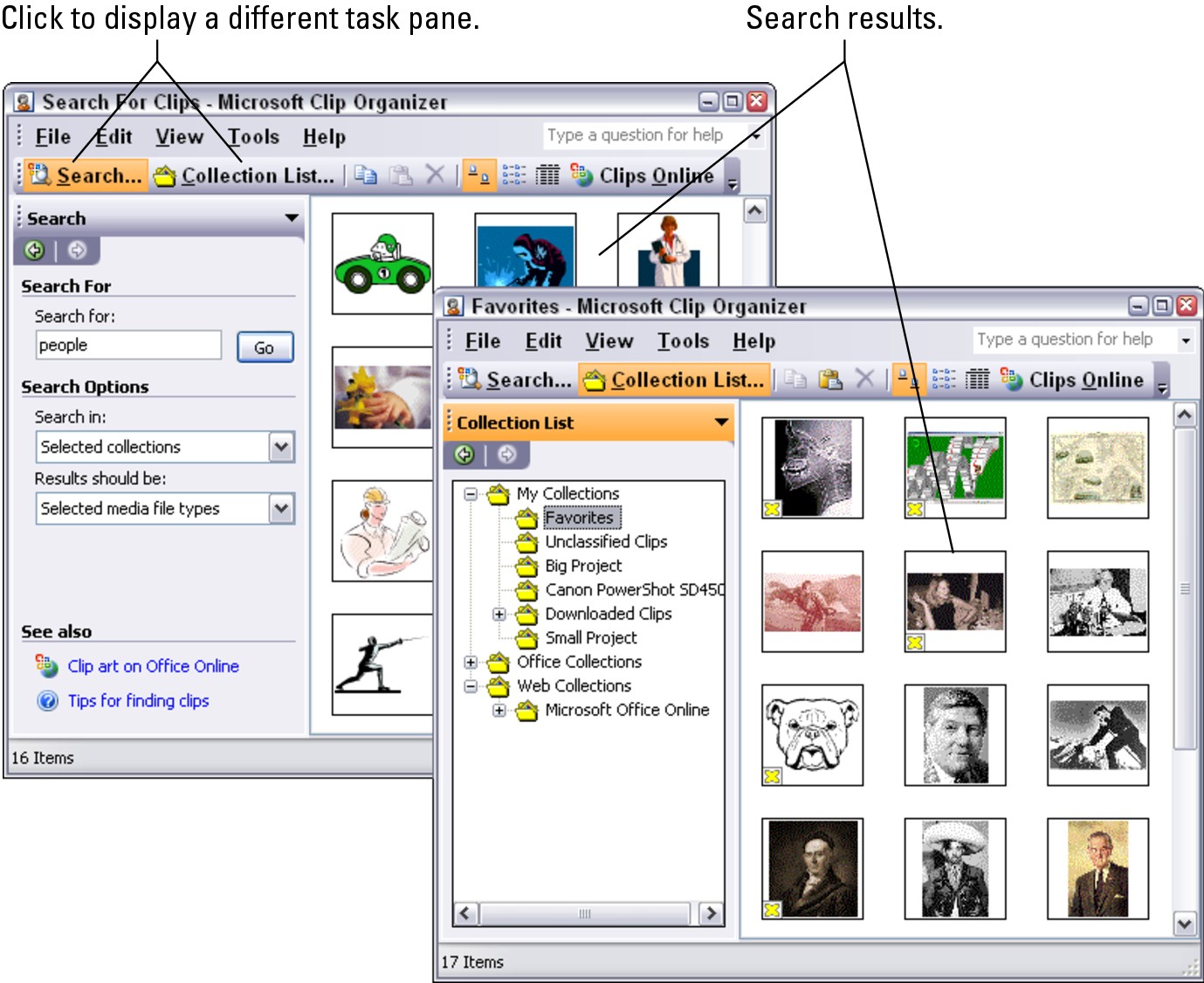 Figure 4-4: The Clip Organizer window with the Search pane displayed (left) and the Collection List pane displayed (right).